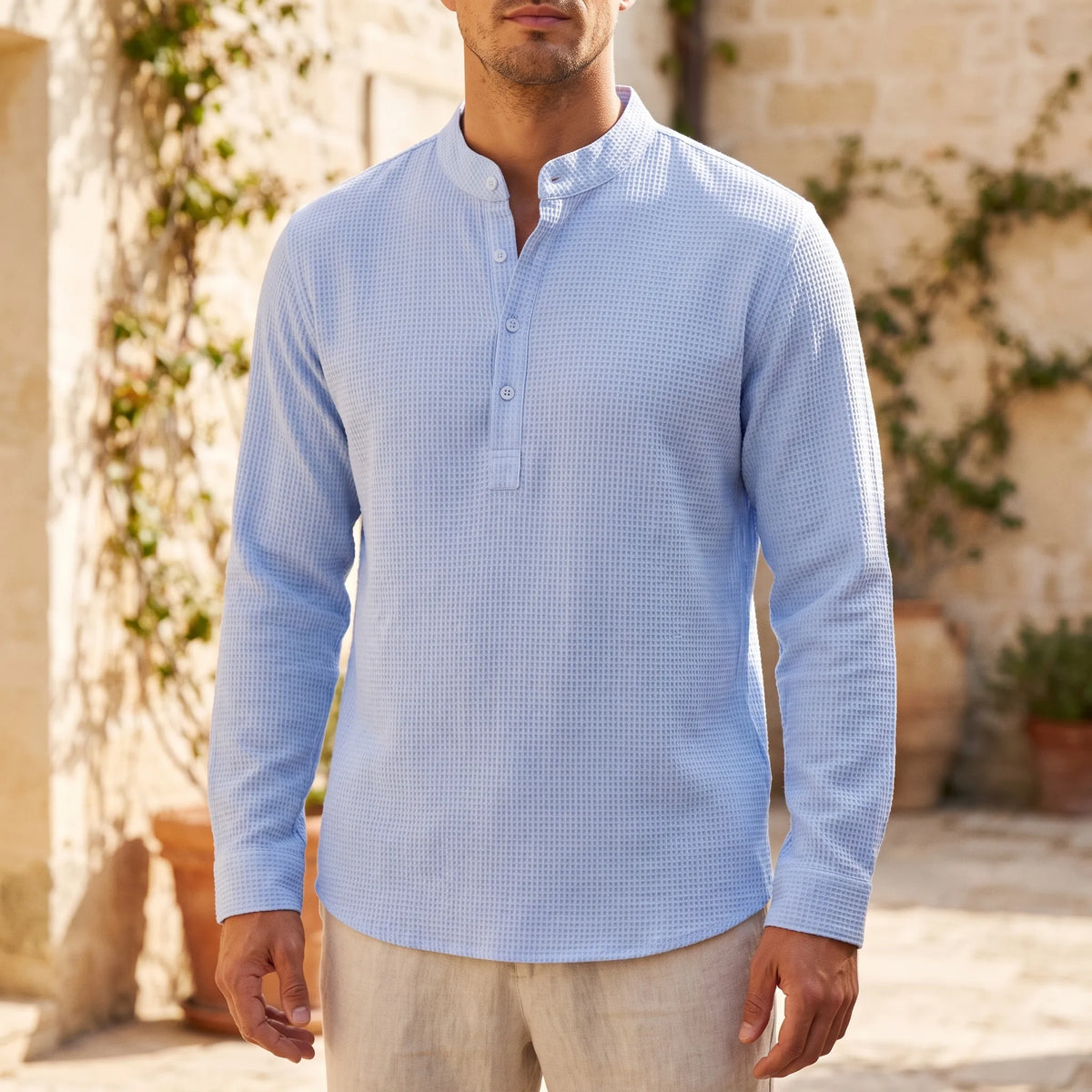 Rollen | Textured Band Collar Henley Shirt