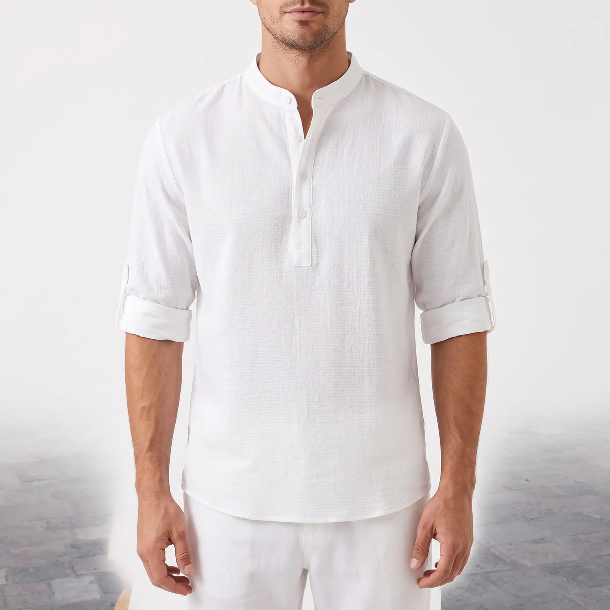 Rollen | Textured Band Collar Henley Shirt