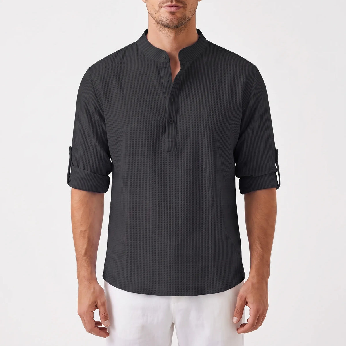 Rollen | Textured Band Collar Henley Shirt