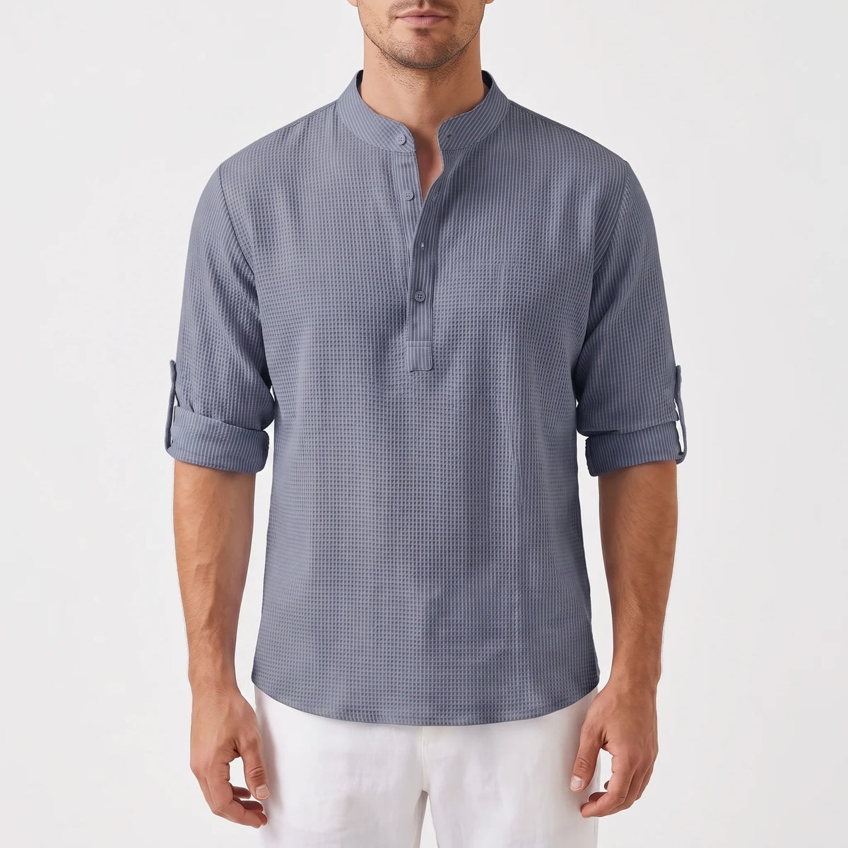 Rollen | Textured Band Collar Henley Shirt