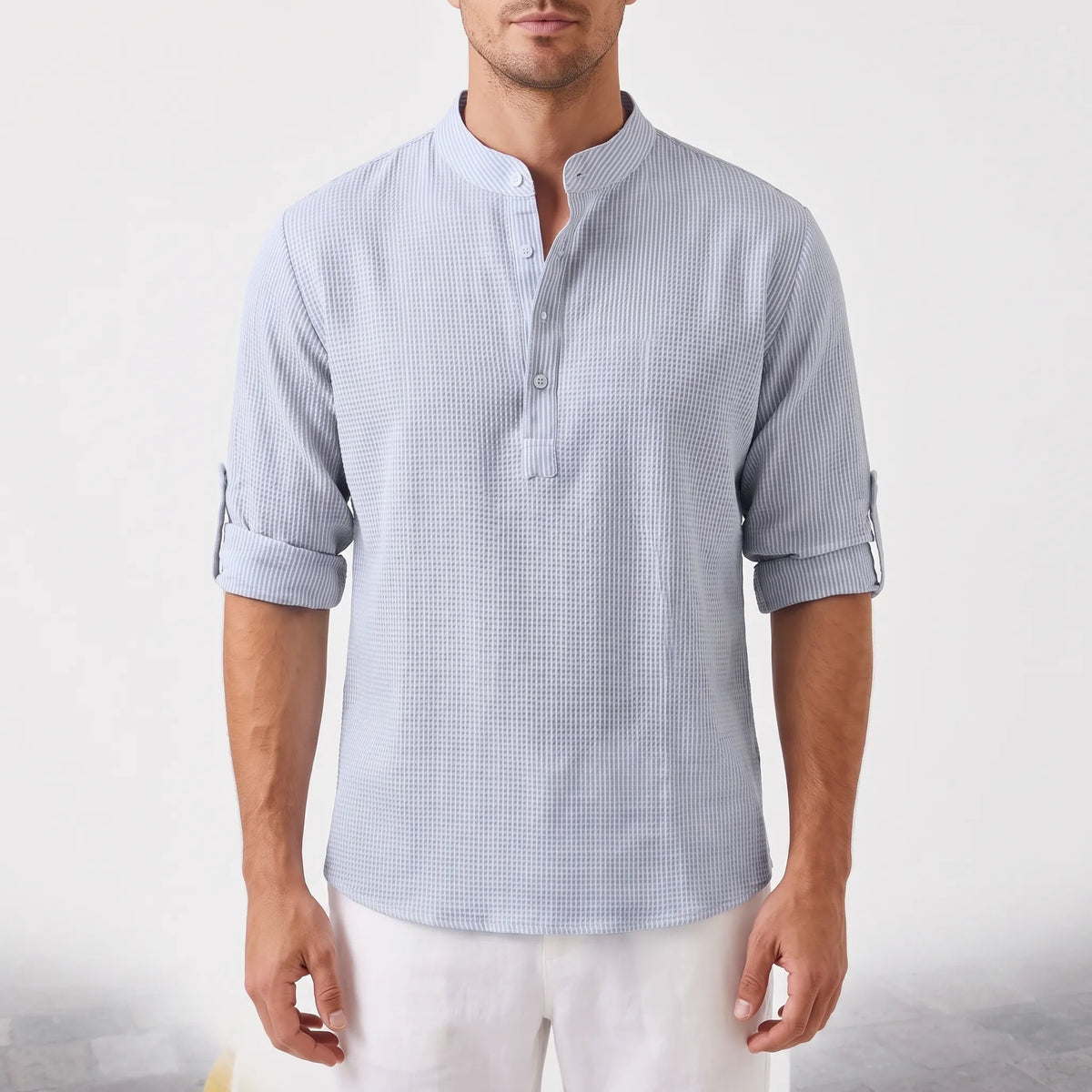 Rollen | Textured Band Collar Henley Shirt
